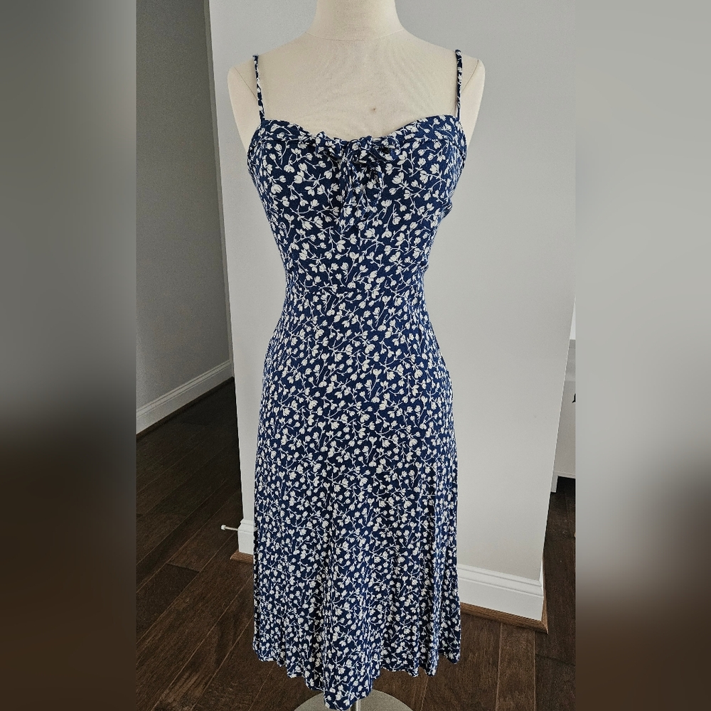 Reformation Blue and White Sweetheart Sheath Midi Dress
